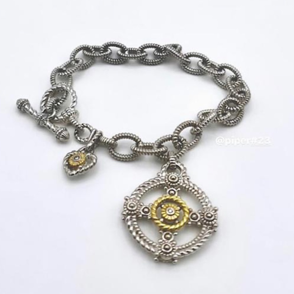 Judith Ripka Sterling Silver 18K Gold JR TWO Diamond Garland Charm Bracelet